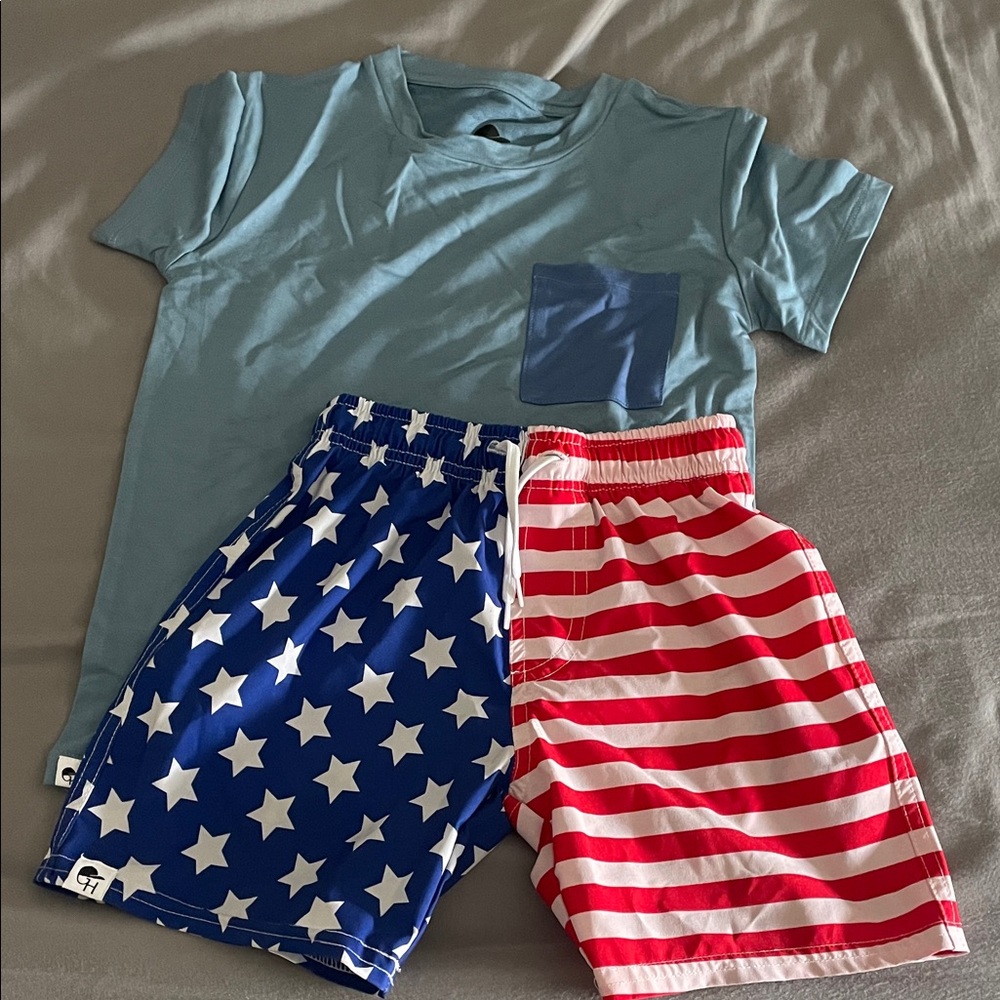 George hats brand Light Blue Pocket Tee with Patriotic Star & Stripe Swim Shorts